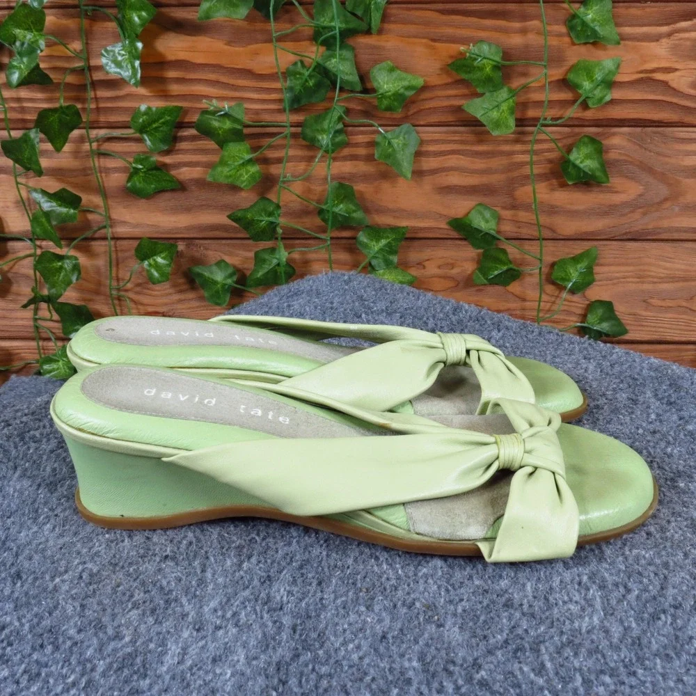 David Tate Women Leather Slide‎ Wedge Sandals Size 8 Casual Lime Green